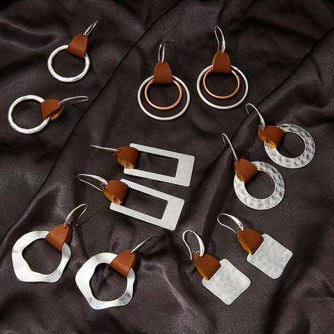 Simple Handmade Circle Earrings Silver Color Geometric Hollow Square Round Dangle Drop Earring with Leather Hoop Ear Jewelry ► Photo 1/6