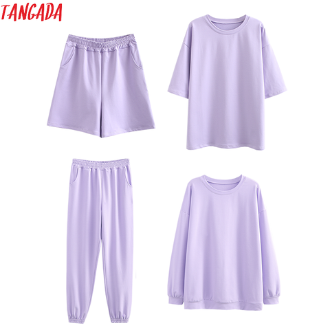 Tangada 2022 Autumn Women Terry 95% cotton suit oversized 4 pieces sets o neck hoodies sweatshirt shorts pants suits 6L30 ► Photo 1/5