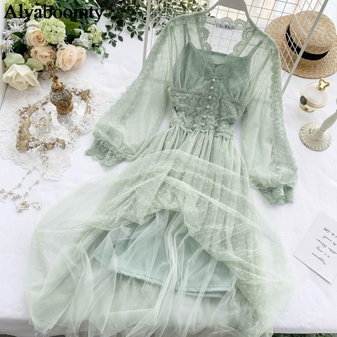 Korean Chic Autumn Women Long Fairy Dress V Neck Bluish Grey Green Pink Polka Dot Mesh Dress Elegant Gorgeous 2 Pcs Party Dress ► Photo 1/6