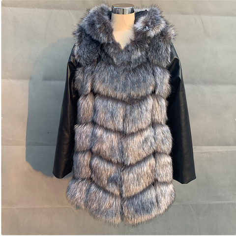 70CM Women Winter Warm Black Leather Removable Sleeve Fur Jacket Coat With Hooded Faux Fur Coat Outwear Thick Fox Fur Jacket ► Photo 1/6