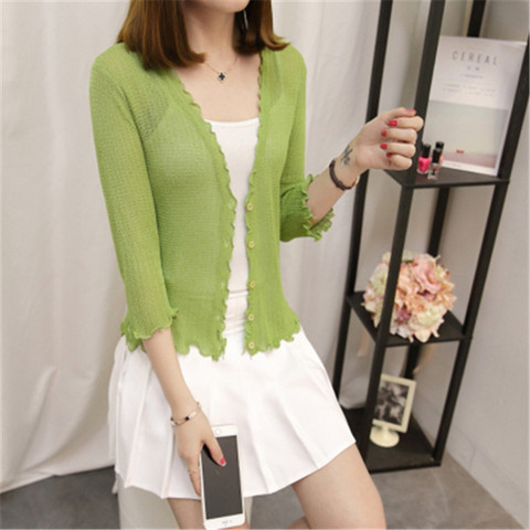 Fashion 2022 Spring And Summer New Style  Pure Color Ice Silk Cardigan Summer Short Style Air Conditioning Knitted Coat PZ301 ► Photo 1/6