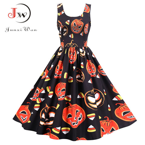 Halloween Dress Women Sexy Spaghetti Strap Pumpkin Print Vintage Party Dresses Casual Summer A-line Midi Vestidos Robe Femme ► Photo 1/6