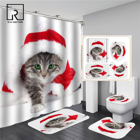 White Cat Christmas Hat Printed Shower Curtain Set Non-slip Bathroom Mat Bathing Screen Toilet Lid with Hooks Rug Festival Decor ► Photo 1/6