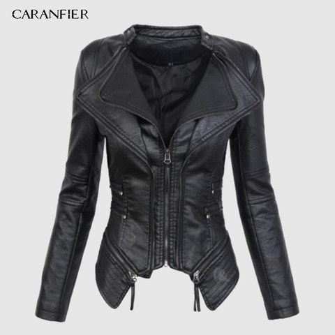 CARANFIER 2022 New Autumn Women Pu Leather Jacket Faux Soft Leather Coat Short Design Zipper Slim Black Motorcycle Jacket ► Photo 1/6