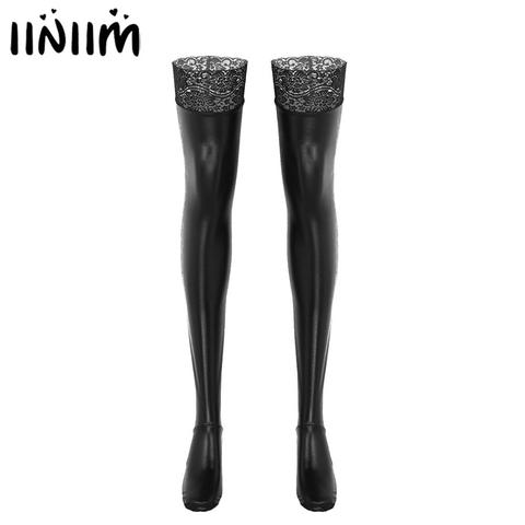 iiniim Womens Girl Sexy Stockings Lingerie Wet Look Clubwear Leather Lace Latex Stockings Thigh High Stay Up Overknee Long Socks ► Photo 1/6