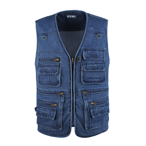 Denim Men Vest Cotton Sleeveless Jackets Blue Casual Fishing Vest with Many Pockets Plus Size 10XL Outdoors Waistcoat  Male Vest ► Photo 1/6