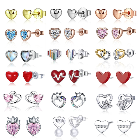 WOSTU Heart Stud Earrings 925 Sterling Silver Rose Gold & Red Heart Zircon Enamel Small Earrings For Women Original Jewelry ► Photo 1/6