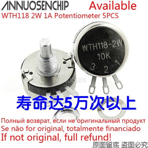 5PCS WTH118 2W 1A Potentiometer 1K 2.2K 4.7K 10K 22K 47K 100K 470K 1M WTH118-2W Round Shaft Carbon Rotary Taper Potentiometer ► Photo 1/1