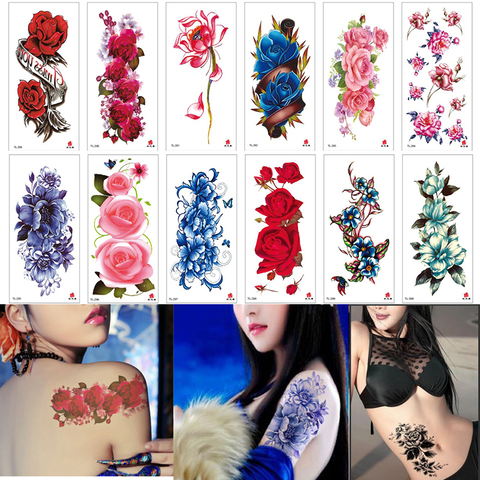 New 100pcs Temporary Tattoos Sleeve Women Girl Beauty Body Arm Art Black Rose Flower Tattoo Sticker Glitter Waterproof Tattoos ► Photo 1/6