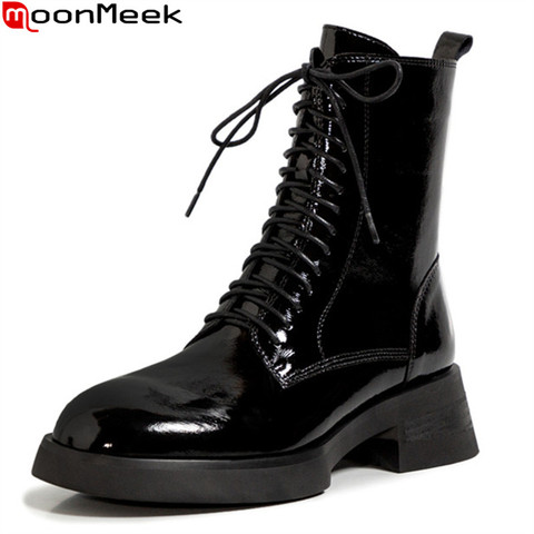 MoonMeek 2022 New arrival women boots genuine leather boots thick heels square toe fashion lace up ankle boots shoes woman ► Photo 1/6