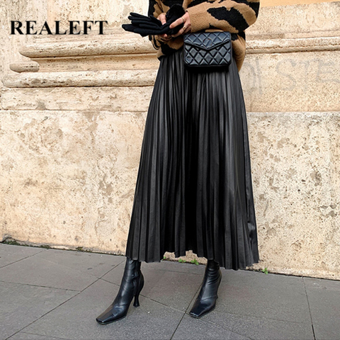 REALEFT Autumn Winter Black PU Leather Pleated Skirts New 2022 Women High Waist Fashionable All-match A-Line Long Skirts Female ► Photo 1/6