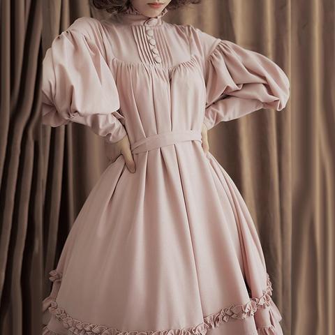 Women Cute Sweet Style Plus Size Solid Color Retro O Neck Long Puff Lantern Sleeve Buttons Large Swing Lolita Girls Midi Dress ► Photo 1/6