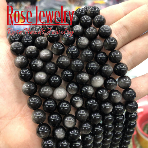 A+ Natural Stone Silver Color Obsidian Round loose Beads 6/8/10/12/14mm Strand 15'' For Jewelry Making Diy Bracelet Accessories ► Photo 1/6