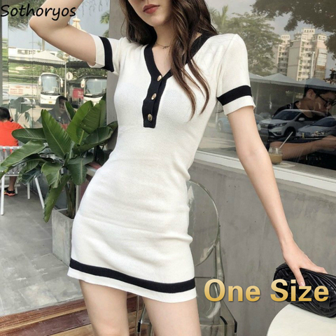 Dress Women Patchwork Single Breasted V-neck Slim Knitted Fashion Ulzzang Skinny Buttocks Sexy Womens Dresses Mini Chic Simple ► Photo 1/6