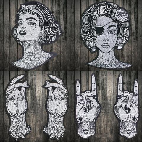 Punk Style Patches Beauty Girl Flower Applique Iron On Stickers Large Finger Embroidery Patches For Biker Clothing Large Patches ► Photo 1/6