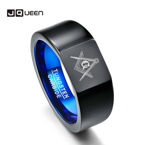 JQUEEN 10mm Retro Big Head Style Tungsten Carbide Rings Vacuum Plating Black with Blue Rings Laser Masonic Sign Tungsten Ring ► Photo 1/6