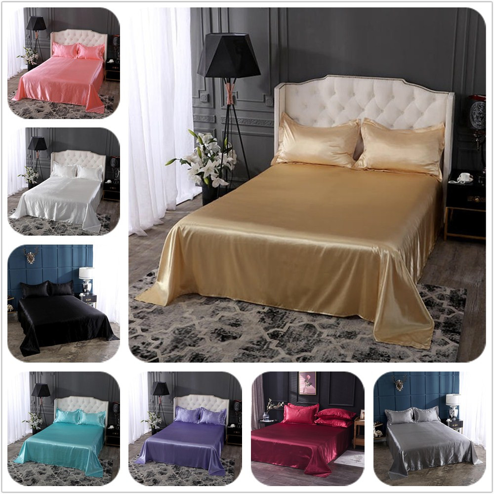 Buy Online 18 Colors Luxury Satin Silk Flat Bed Sheet Set Single Queen Size King Size Bedspread Cover Linen Sheets Double Full Double Sexy Alitools