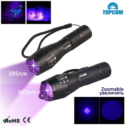 Topcom 3W Zoomable UV Light 365nm 395nm LED UV Flashlight New Military Grade Tactical Ultraviolet Flashlight Lantern 18650 Torch ► Photo 1/6