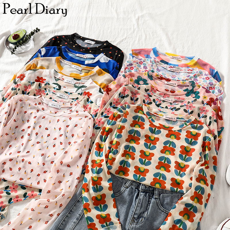 Pearl Diary Women Long Sleeve Tshirts Summer Floral Print Mesh UV Protection Tops Ladies Knit Mesh Beach Casual High Street Top ► Photo 1/6