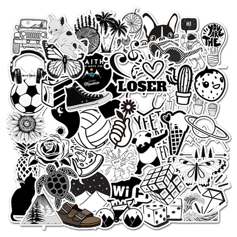 50pcs Black and White Cartoon Stickers Kids Luggage Notebook Laptop Sticker Skateboard Suitcase Decals For Computer Sticker ► Photo 1/6