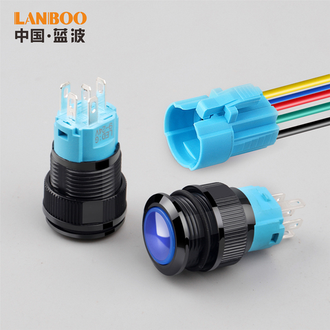 LANBOO 16mm 1NO1NC 5Pin black plastic push button switch with LED 12V24V220V latching or momentary ► Photo 1/6