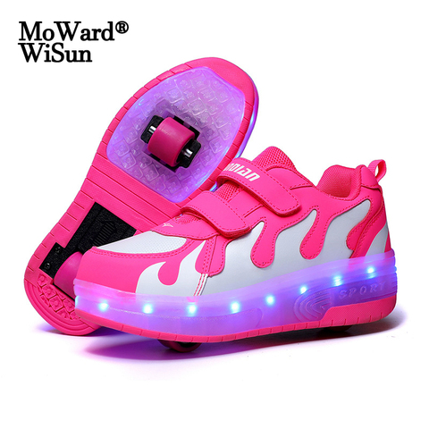 Children Two Wheels Luminous Glowing Sneakers Black Pink Red Led Light  Roller Skate Shoes Kids Led Shoes Boys Girls USB Charging