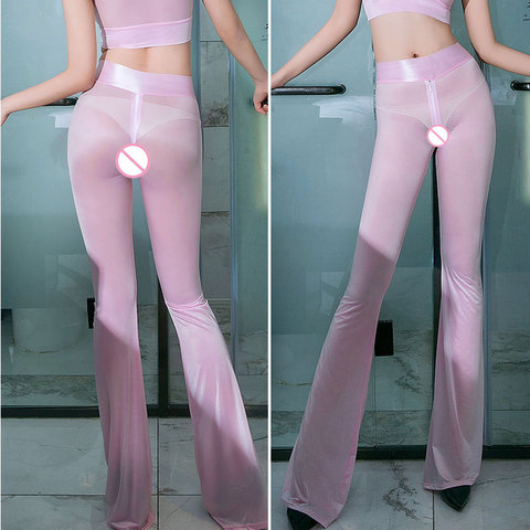 Sexy Shiny Zipper Open Crotch Flare Pants Hollow Out Crotchless Smooth Sexy Hips Capris High Waist See Through Sexy Pants F20 ► Photo 1/6