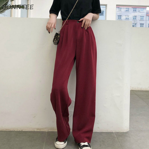 Casual Pants Women Vintage Pure Burgundy Office Lady Long Trousers Summer Soft Elegant Pockets Minimalist Femme Chic Streetwear ► Photo 1/6