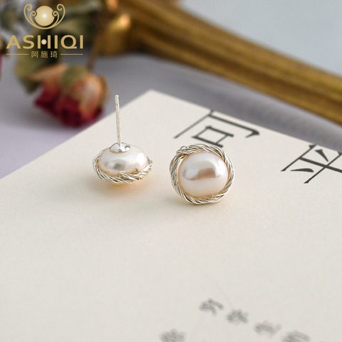 ASHIQI  Handmade Real 925 Sterling Silver Stud Earrings for Women Natural Freshwater Pearl Jewelry Fashion Jewelry 2022 Gift ► Photo 1/6