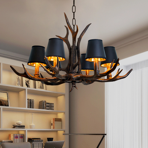 Retro Antlers LED Chandelier Resin Chain Dining Living Room Kitchen Attic Hanging Lamp Home Interior Decoration Lighting Black ► Photo 1/6
