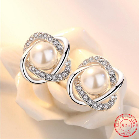Upscale 925 Sterling Silver Earrings Zirconia Pearl Twist Luxury Stud Earrings For Women brincos pendientes S-E290 ► Photo 1/5