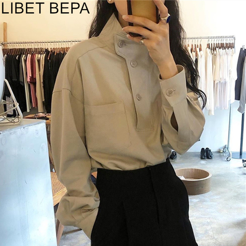 New 2022 Autumn Winter Women's Blouses Fashionable Stand Collar Irregular Buttons Pockets Office Lady Wild Shirts Tops BL6263 ► Photo 1/6