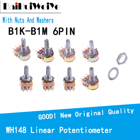 5PCS/LOTE WH148 Linear Potentiometer 15MM Shaft With Nuts Washers Dual Line 6Pin WH148 B1K B2K B5K B10K B20K B50K B100K B250K ► Photo 1/6