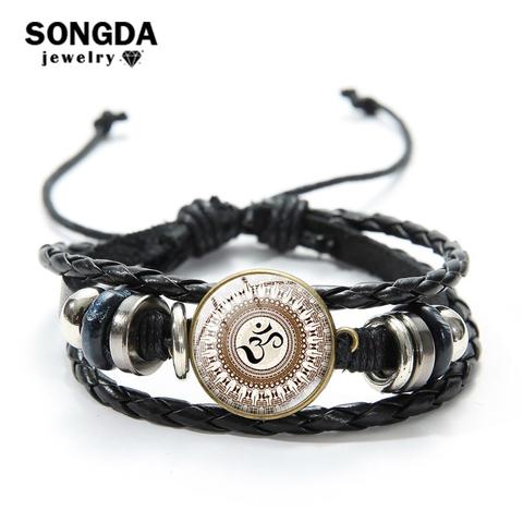 SONGDA Hinduism Yoga AUM OHM OM Leather Bracelet Antique Bronze Plated Glass Dome Wood Beads Multilayer Bracelets for Women Men ► Photo 1/6