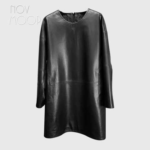 Novmoop Fashion red black color medium and long genuine leather women dress with pocket zipper decor kurtki damskie LT2809 ► Photo 1/6