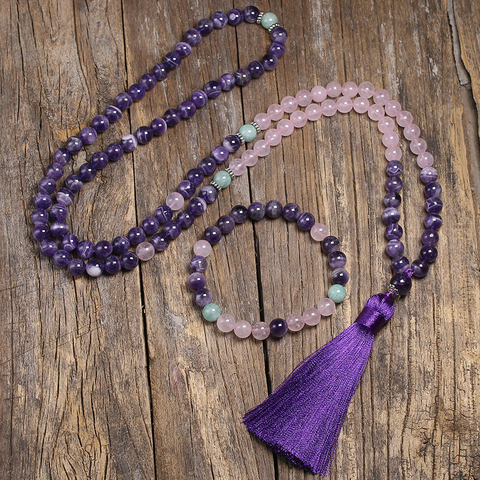 8mm Amethyst And Rose Quartz Beads Necklace, Peaceful Heart Calming JaPaMala, 108 Mala Jewelry, Natural Beads Bracelet Women ► Photo 1/6