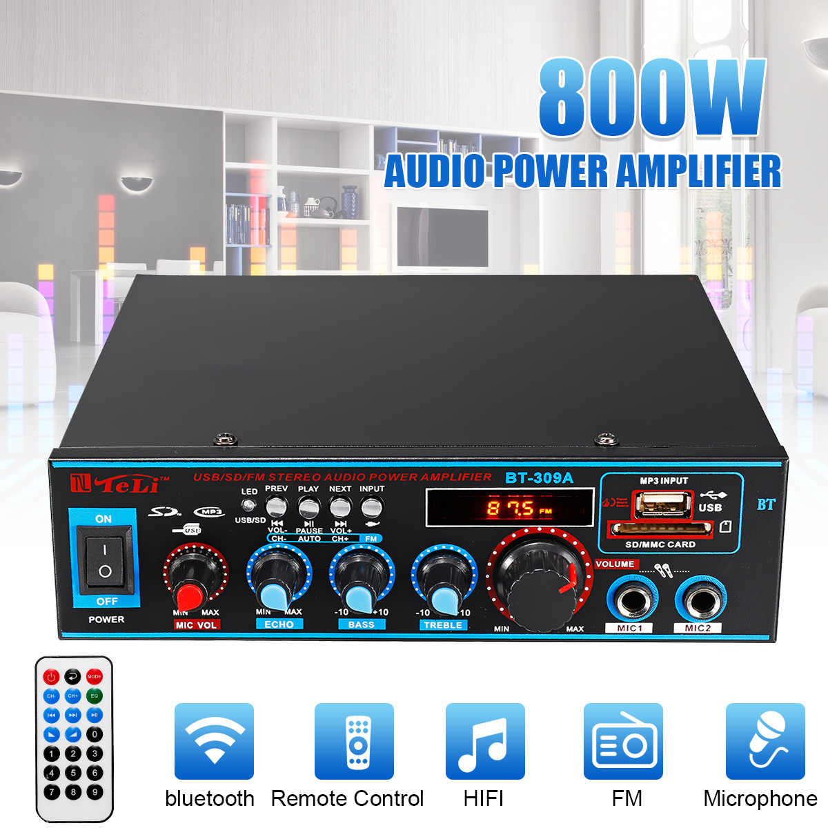 800W 600W Car Amplificador HIFI 2 CH Audio Power Amplifier 12/220V Home Theater Amplifier Audio Support FM USB SD/Remote Control ► Photo 1/6
