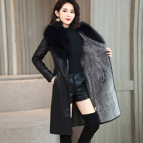 Women Plus Velvet Faux Leather Jacket Fashion Big Fur Collar  Pu Leather Long Coat Female Thick Winter Jacket 2022 New ► Photo 1/6