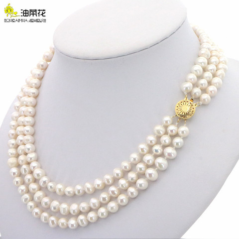 3Rows 7-8mm White Akoya Fashion Shopping Girl Cultured Pearls Necklace Beads Jewelry Making Girl Wedding Christmas Gift 17-21inc ► Photo 1/6