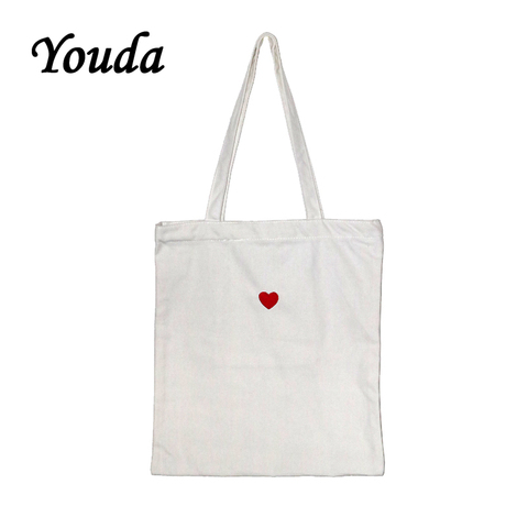 Youda Pure White Canvas Bag Love Embroidery Patch Handbag Red Heart Embroidery Zipper Shoulder Bags Recycling Shopping Tote ► Photo 1/6