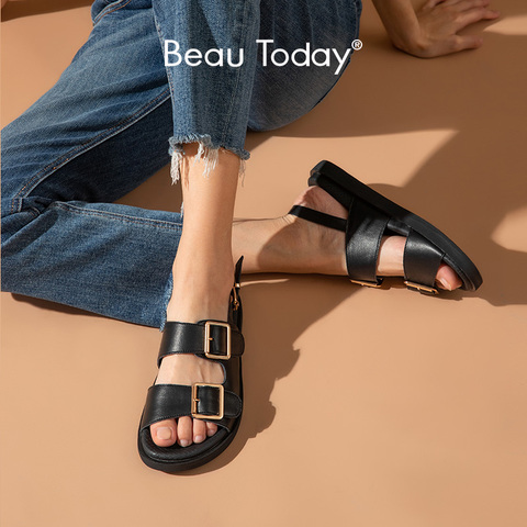 BeauToday Sandals Women Genuine Cow Leather Metal Detailed Ankle Buckle Strap Summer Beach Ladies Low Heel Shoes Handmade 38128 ► Photo 1/6