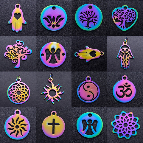 5pcs/lot Rainbow Religious Tree of Life DIY Charms Wholesale Stainless Steel Pendant Yoga Om Hamsa Hand Sun Connectors Charm ► Photo 1/6