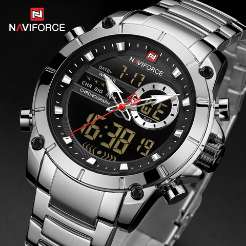 NAVIFORCE Silver Stainless Steel Men Army Military Dual Display Quartz Led Clock Male Waterproof Watches relogio masculino 9163 ► Photo 1/6