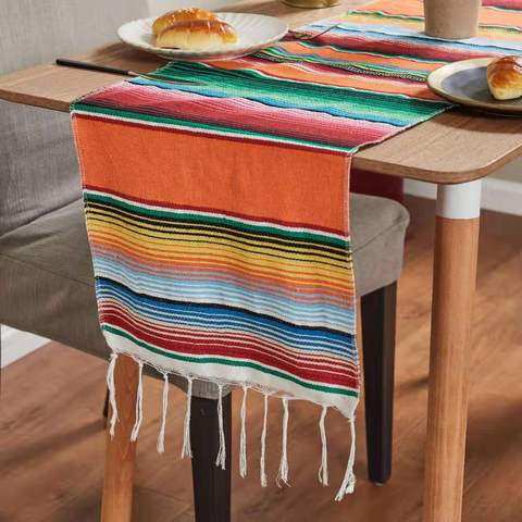 INS Mexican Table Runner Stripe Shawl Blanket Rainbow Tablecloth Beach Mat with Tassel 35*215cm ► Photo 1/6