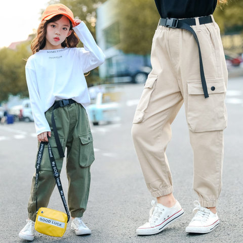 High Waist Cargo Pants for Kids Girls Pure Color Cool Trousers Pocket Loose Cotton Sport Running Pants For Teens Girl 5-14 Years ► Photo 1/6