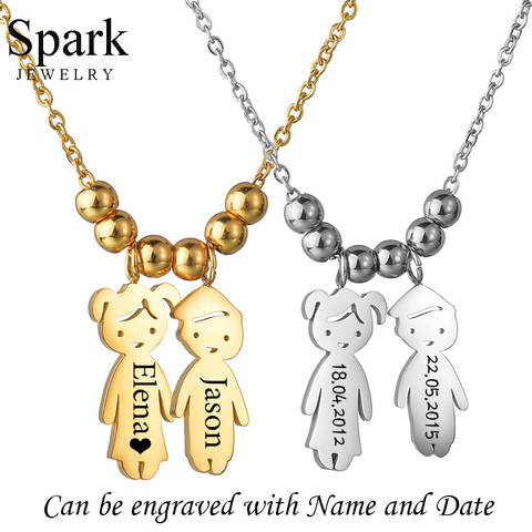 Spark Custom Name Boy Girl Pendant Necklace Stainless Steel Personalized Date Kids Figure Necklaces Family Birthday Gift Collar ► Photo 1/6