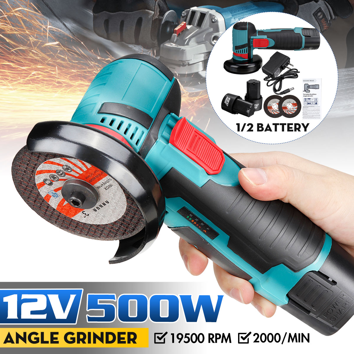 12V 500W Brushless Angle Grinder Mini Cordless Angle Grinder Polishing Machine with Two Batteries Diamond Cutting Power Tool ► Photo 1/6