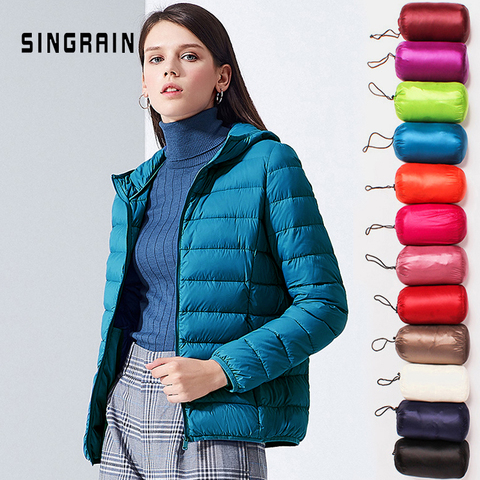 SINGRAIN Women Down Jacket Hooded 95% Duck Warm Overcoat Solid Portable Outerwear Large Size Ultra Light Down Coat Winter ► Photo 1/6