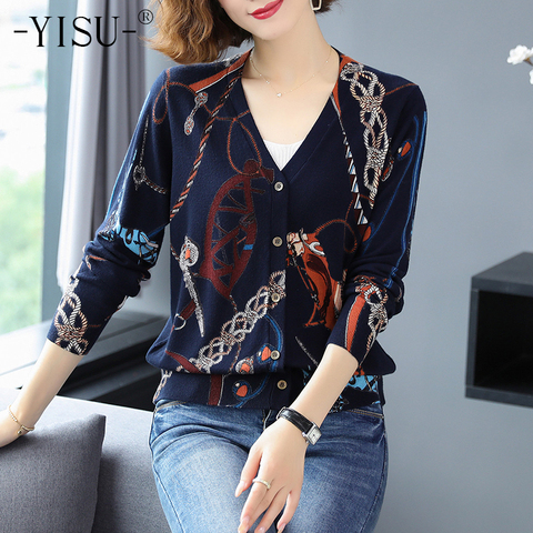 YISU Womens Knit cardigan Long Sleeve V-neck Printed cardigan Autumn Winter Soft Knitted coat Horse chain print Sweater cardigan ► Photo 1/6