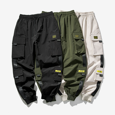 Men Cargo Pants Black Ribbons Block Multi-Pocket Harem Joggers Sweatpant  Hip Hop Casual Male Trousers